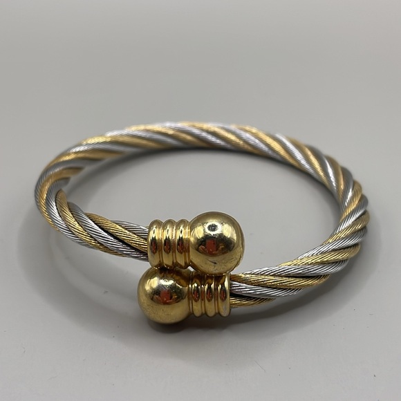 Vintage Silver Gold Tone Spiral Twisted Bangle Cuff Statement Bracelet - Picture 2 of 3